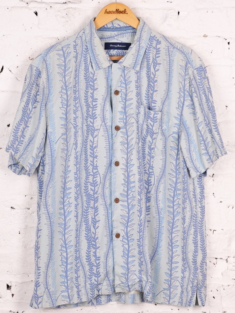 Tommy Bahama Silk Light Blue Leaf-Print Casual Button-Down Shirt